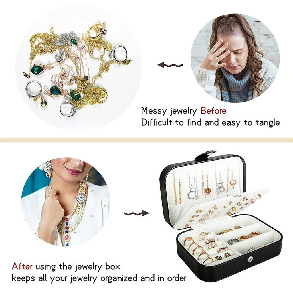 Black PU leather jewelry box open showing organized necklaces and rings in compartments