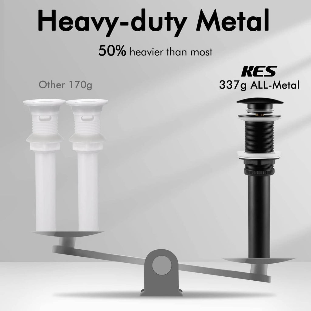 Heavy-duty pop-up sink drain with matte black stopper cap and threaded drain body