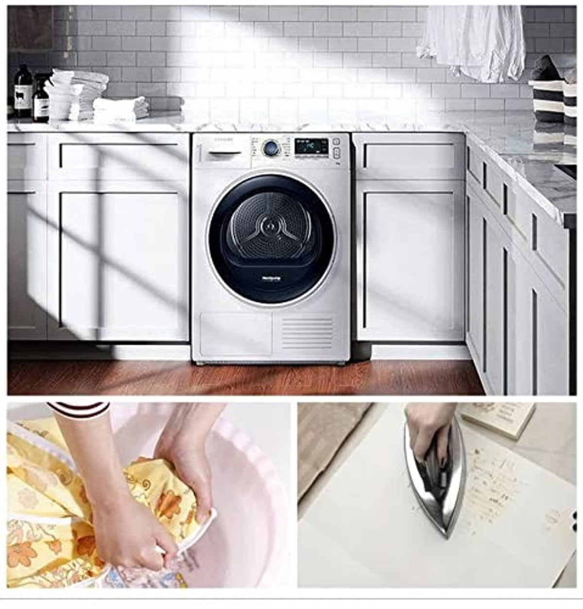 Laundry scene with white appliances; photography backdrop not clearly visible