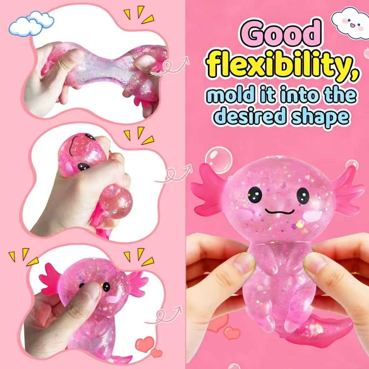 Pink glitter axolotl squish toy stretched and folded, smiling face and long tail