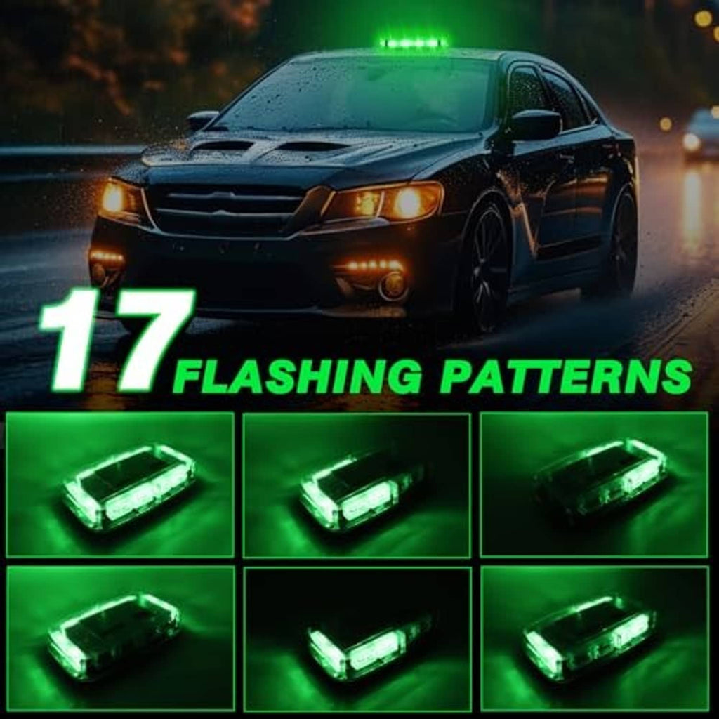 Green LED roof strobe light flashing in multiple patterns on a light bar