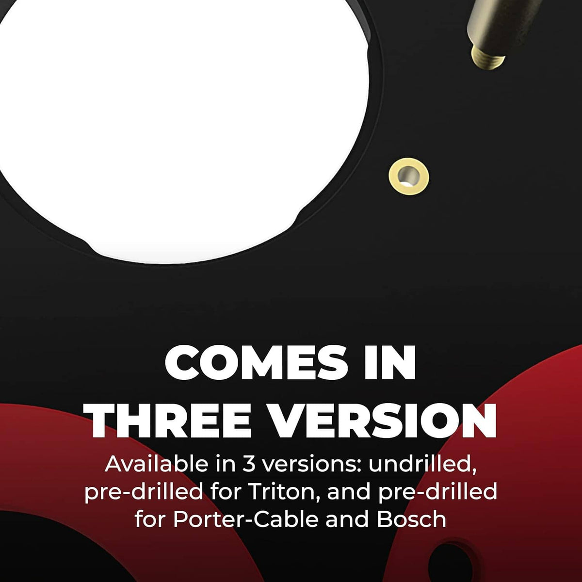 Close-up of circular opening area on black router insert plate with brass post and nut