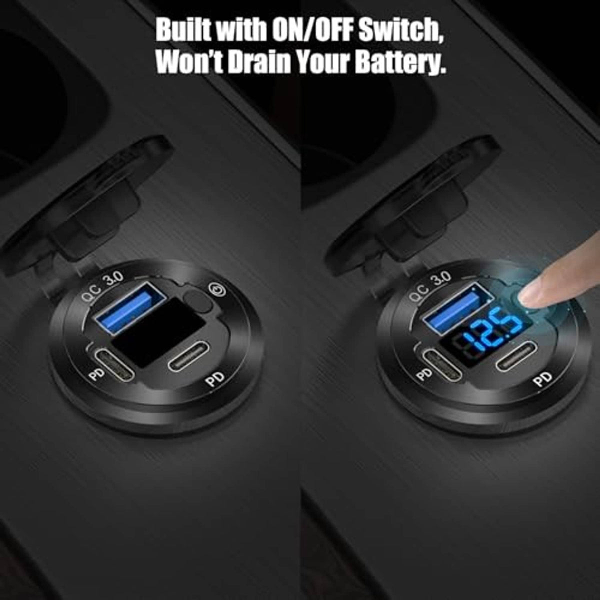 Black circular car USB charger with QC 3.0/PD ports and power switch