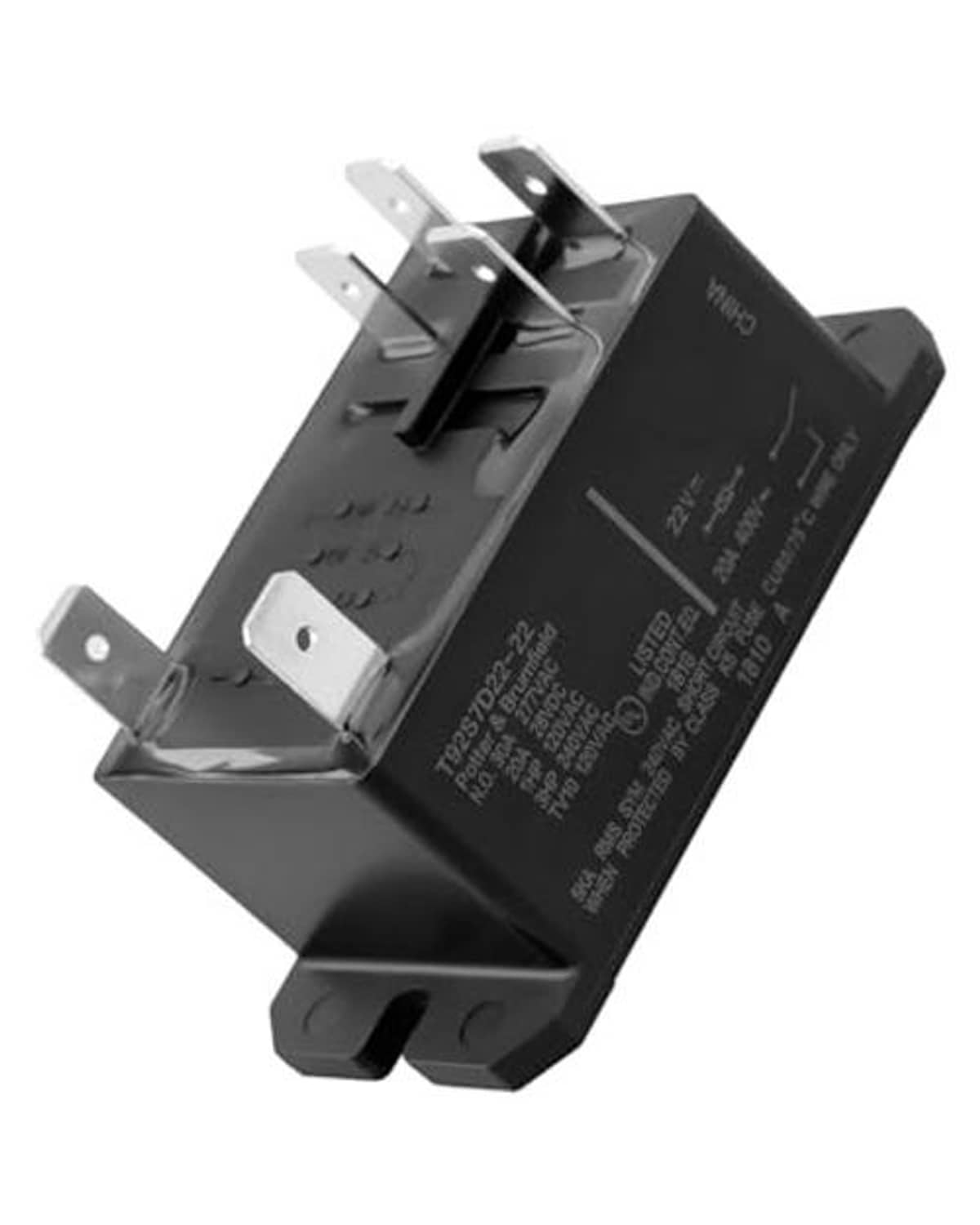 Black HVAC blower motor relay with side mounting hardware and printed label