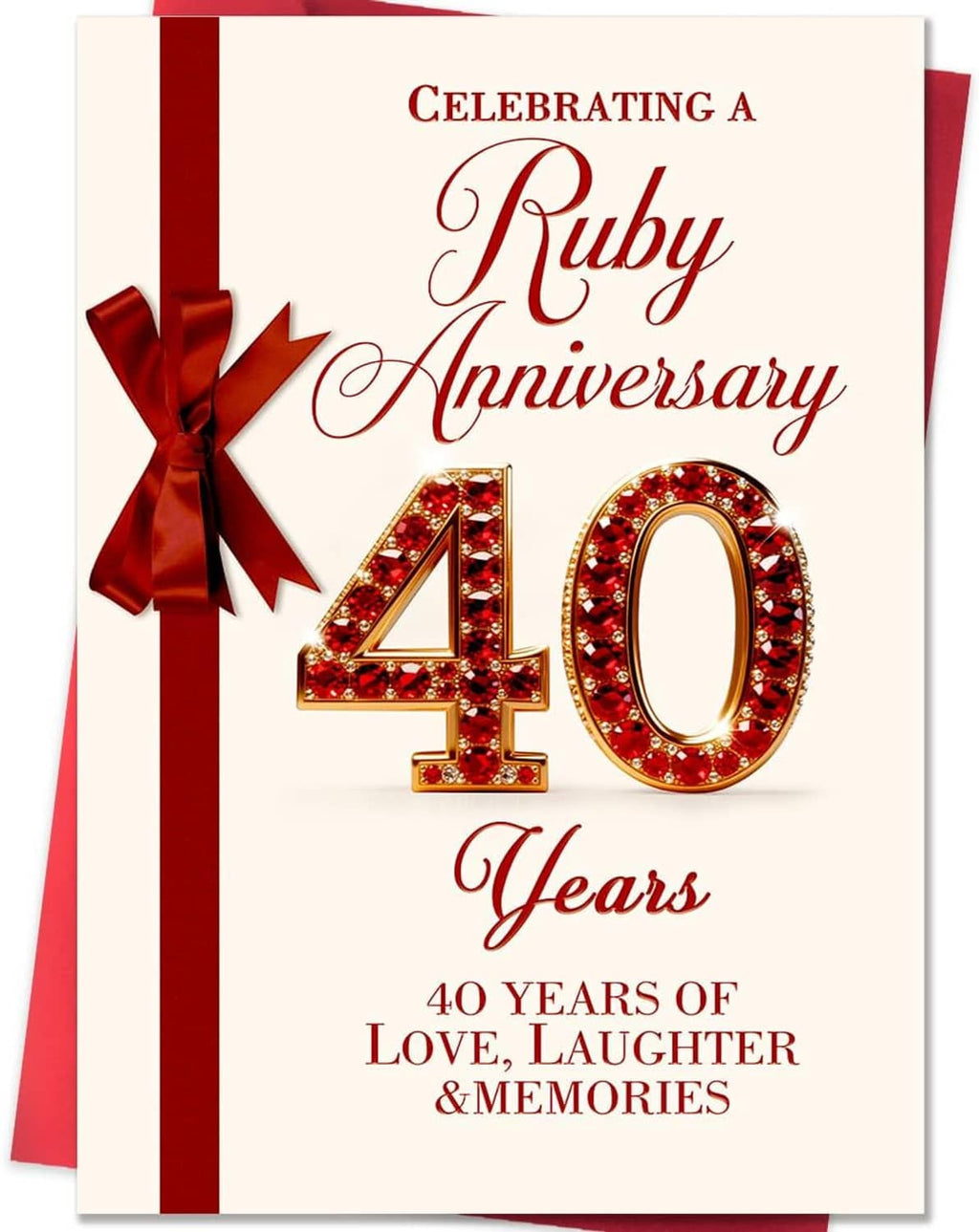 Ruby anniversary greeting card with red ribbon bow, large jeweled 40, and 40 years text