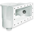 White thru-wall pool skimmer with wide-mouth intake and hose fitting