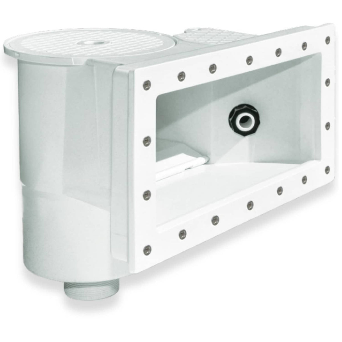 White thru-wall pool skimmer with wide-mouth intake and hose fitting