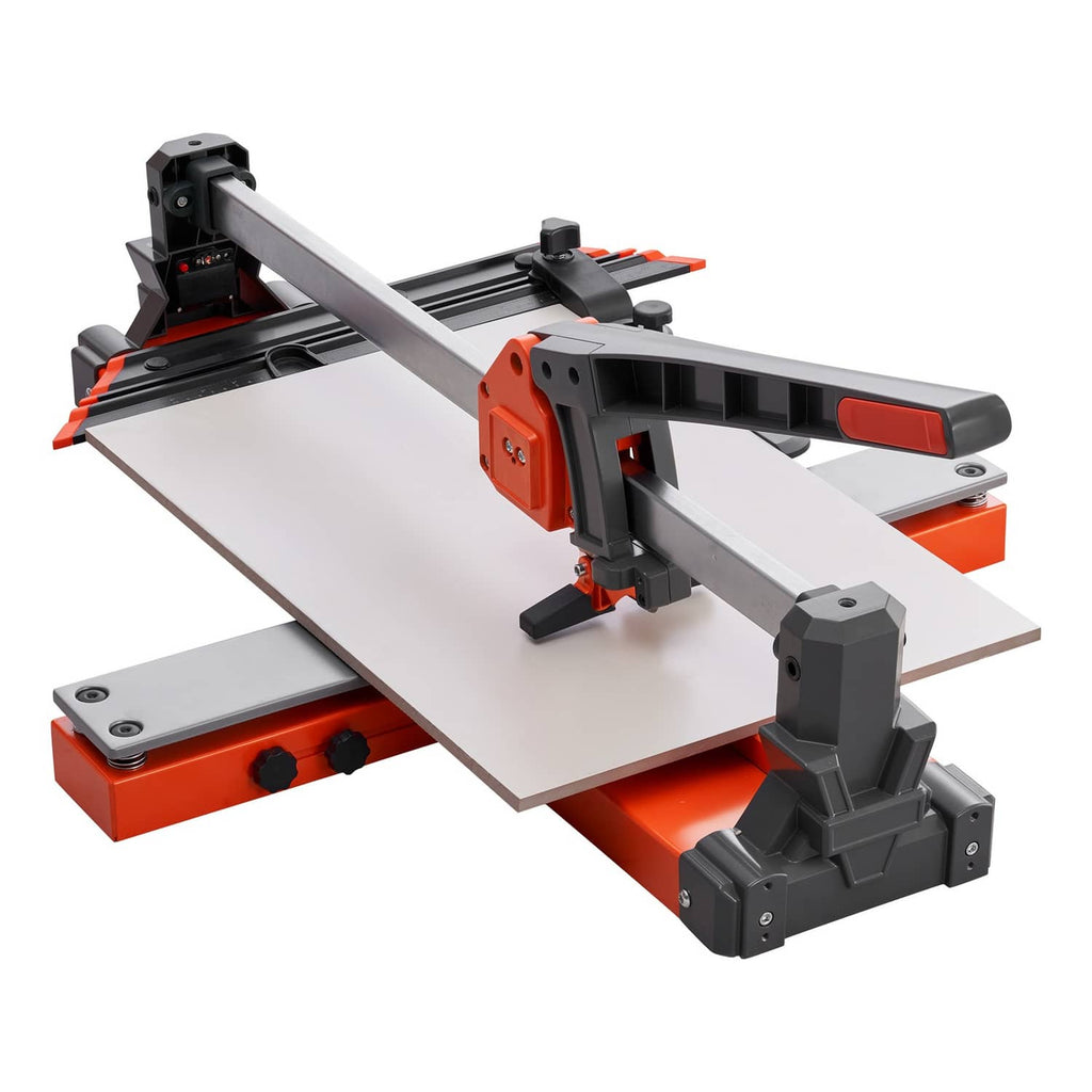 Manual tile cutter with spring base, scoring head, and adjustable angle guide, orange accents