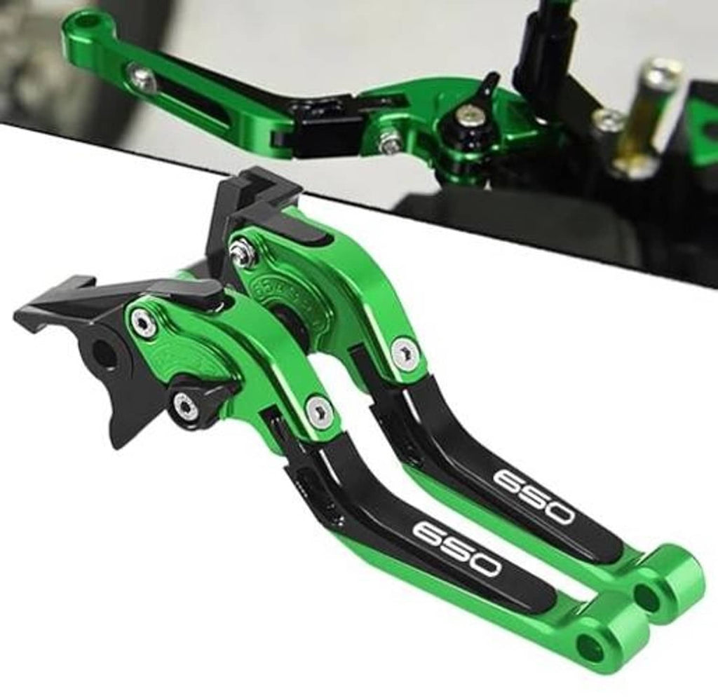 Green and black motorcycle brake and clutch levers, angled view with 650 markings