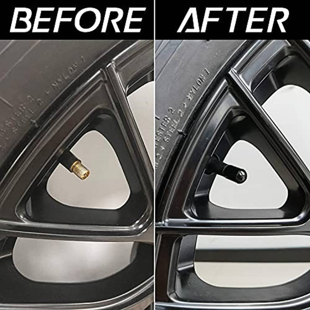 Black tire valve stem cap compared before and after on wheel valve