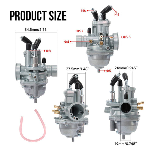 Carburetor size diagram showing gray unit with black hoses and pink fuel line