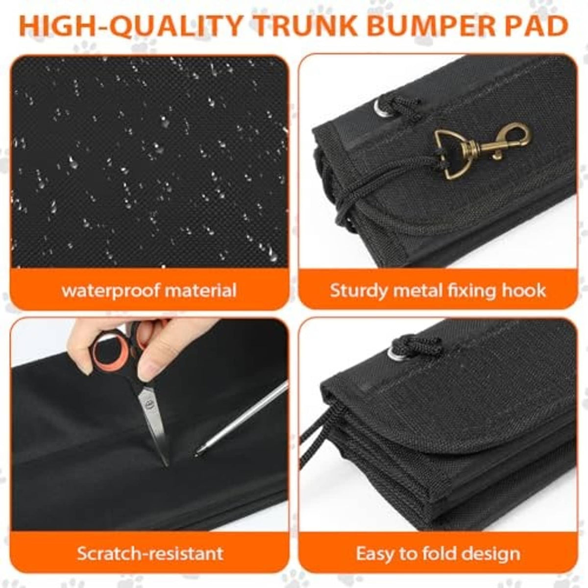 Black trunk bumper pad close-up with strap and sturdy metal fixing hook