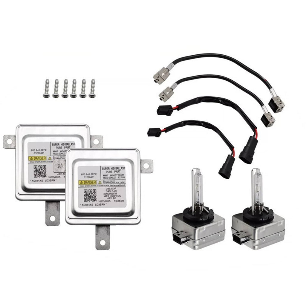 HID ballast control unit pair with D3S bulbs, wiring harness, and mounting screws
