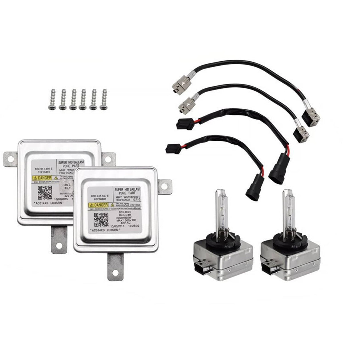 HID ballast control unit pair with D3S bulbs, wiring harness, and mounting screws
