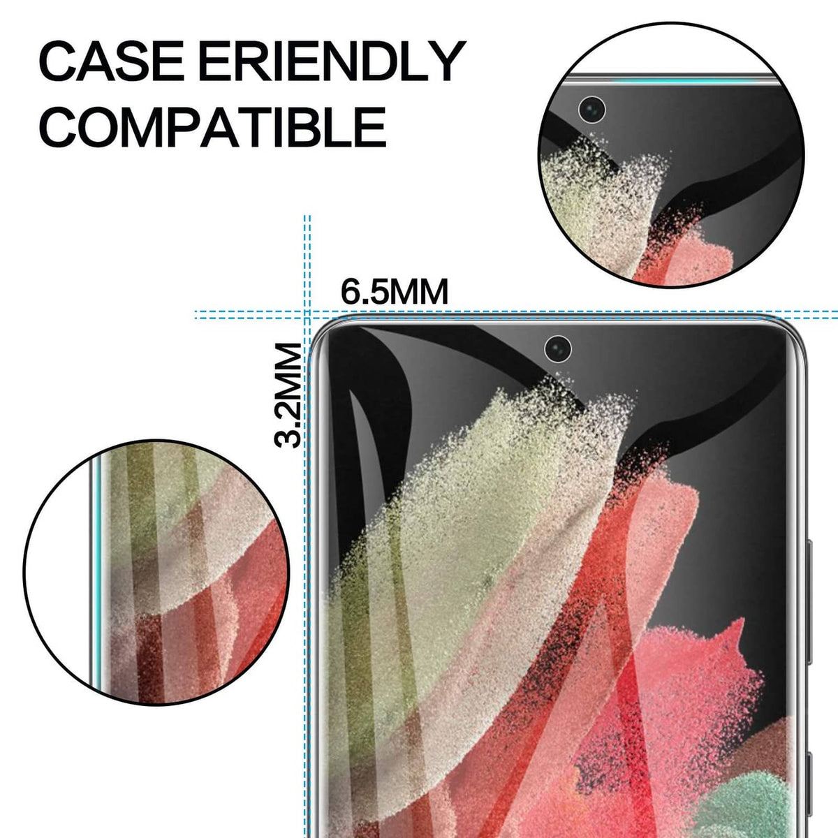 Phone with privacy screen protector film, shown with installation width guides