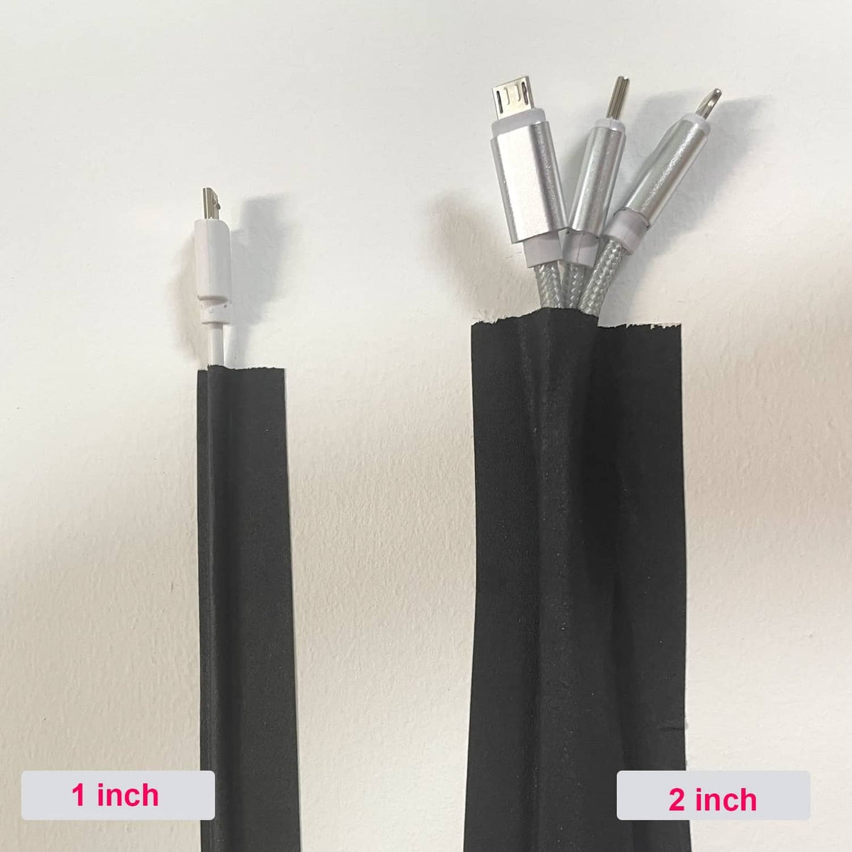 Two black gaffer tape strips with exposed adhesive edges, labeled 1 inch and 2 inch