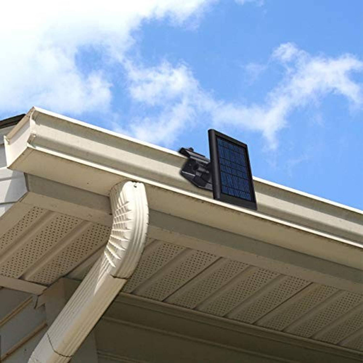 Black adjustable gutter mount holding a small solar panel on the roof edge