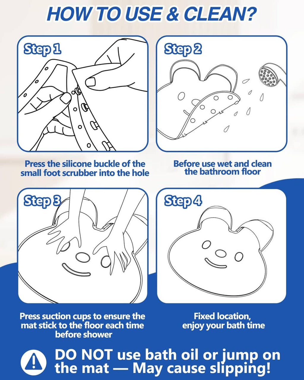 Rabbit-shaped shower foot scrubber mat with suction placement and cleaning steps illustration