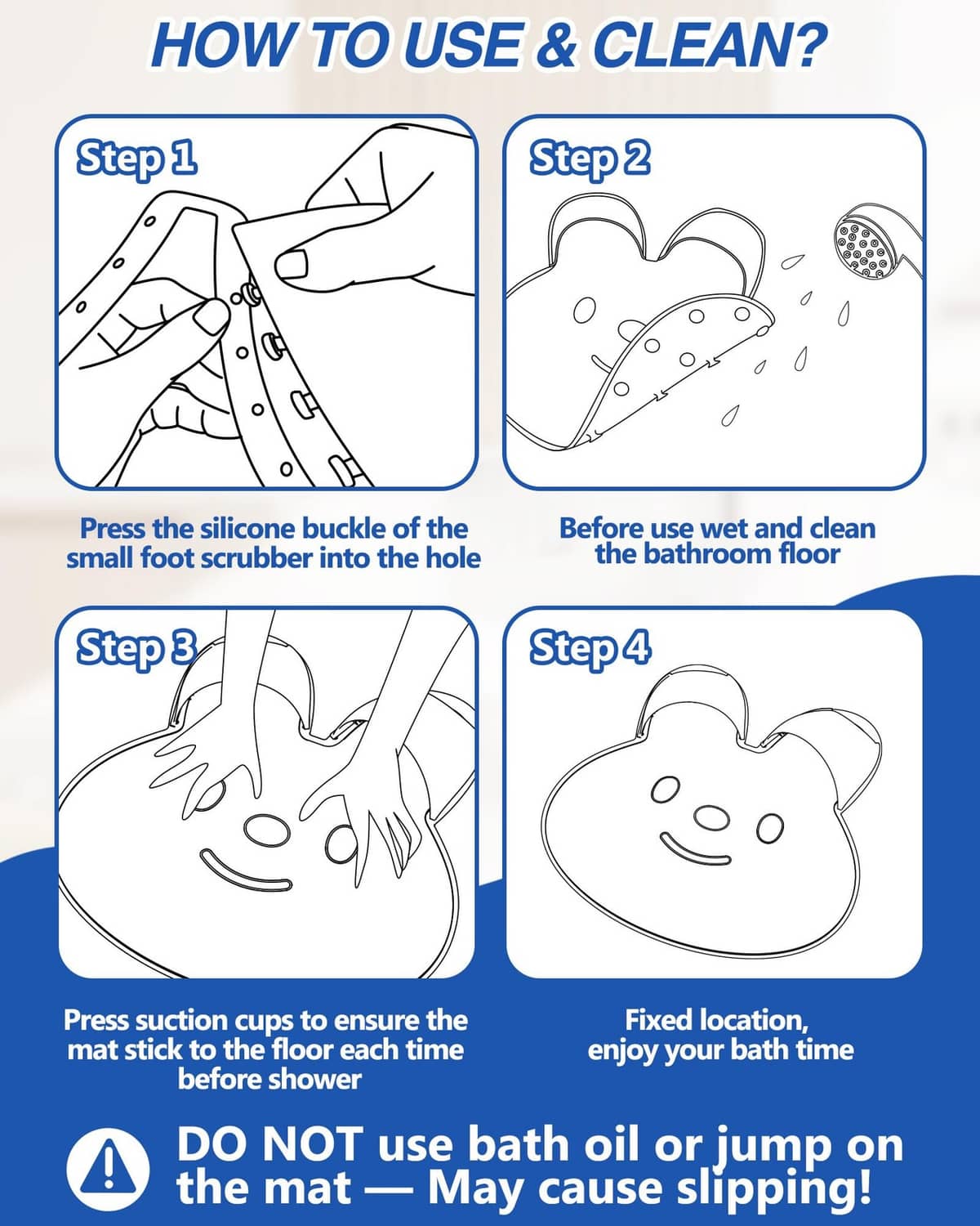 Rabbit-shaped shower foot scrubber mat with suction placement and cleaning steps illustration