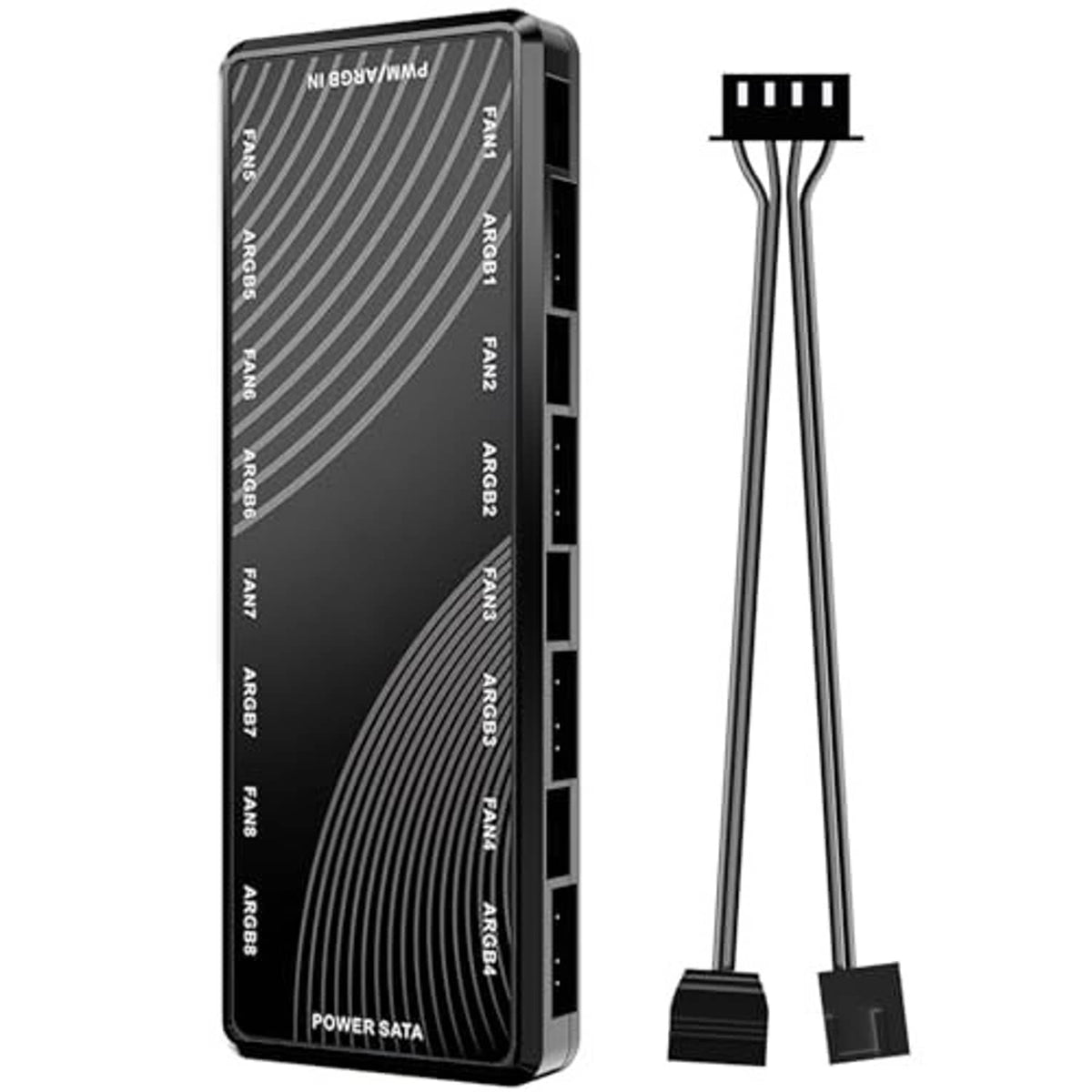 8-port ARGB PWM fan hub with black housing and two cable connectors with keyed pins