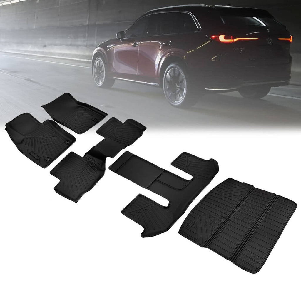 Black floor mat set with multiple pieces and raised grip channels for vehicle interior