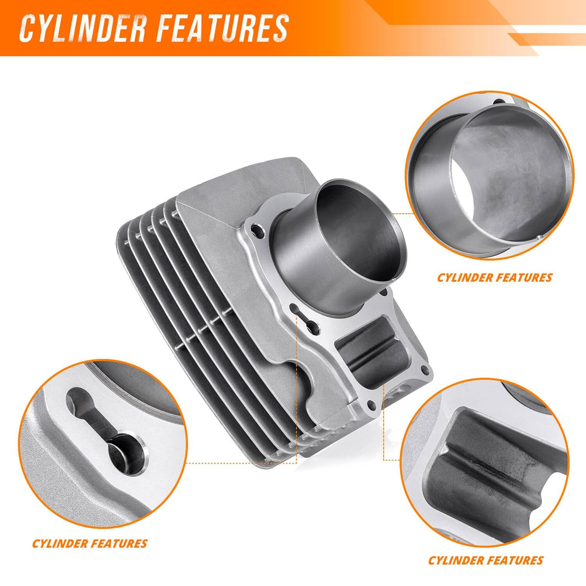Gray aluminum cylinder top end with mounting holes and piston bore, gasket kit details shown