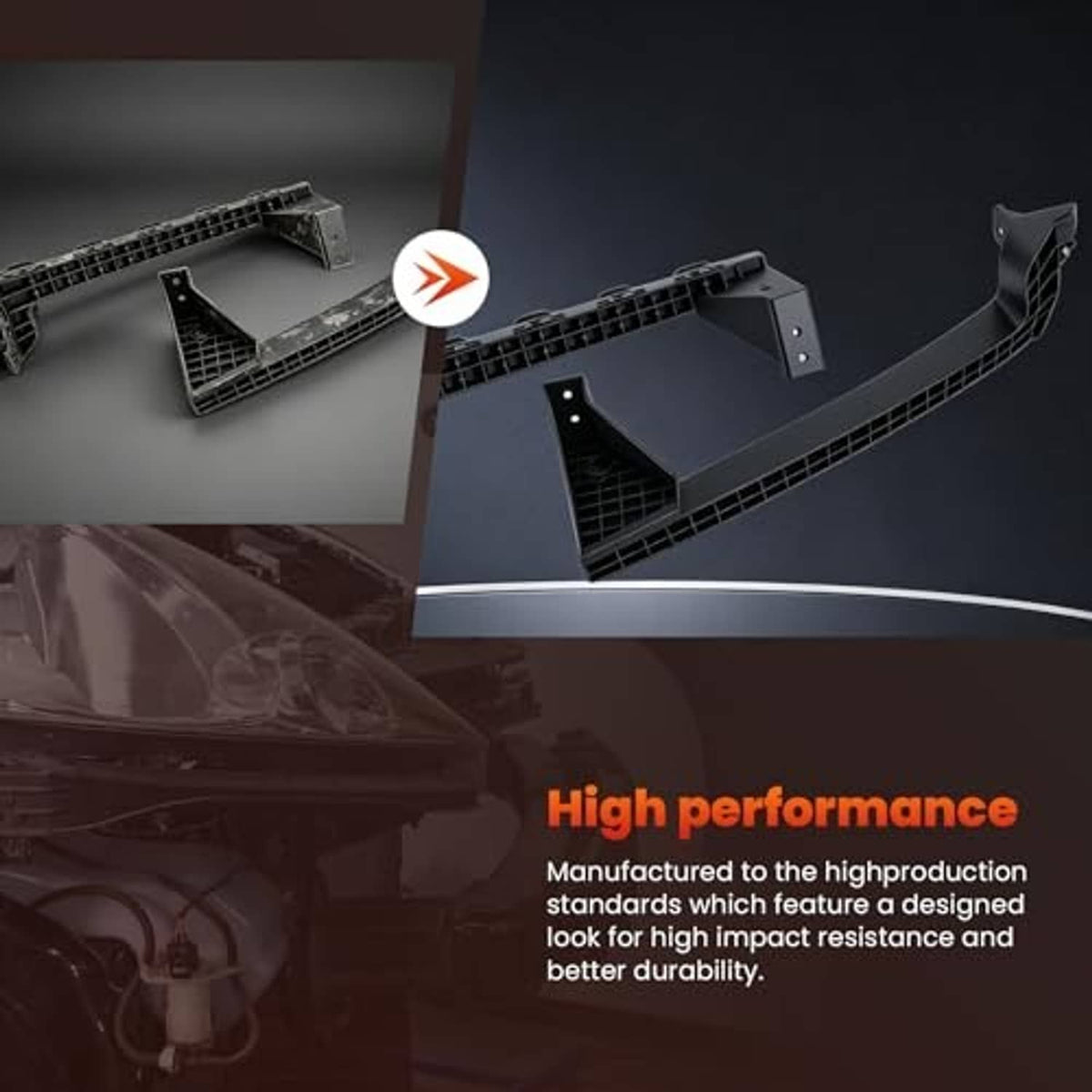 Front bumper headlight under bracket support, black plastic, two-piece set