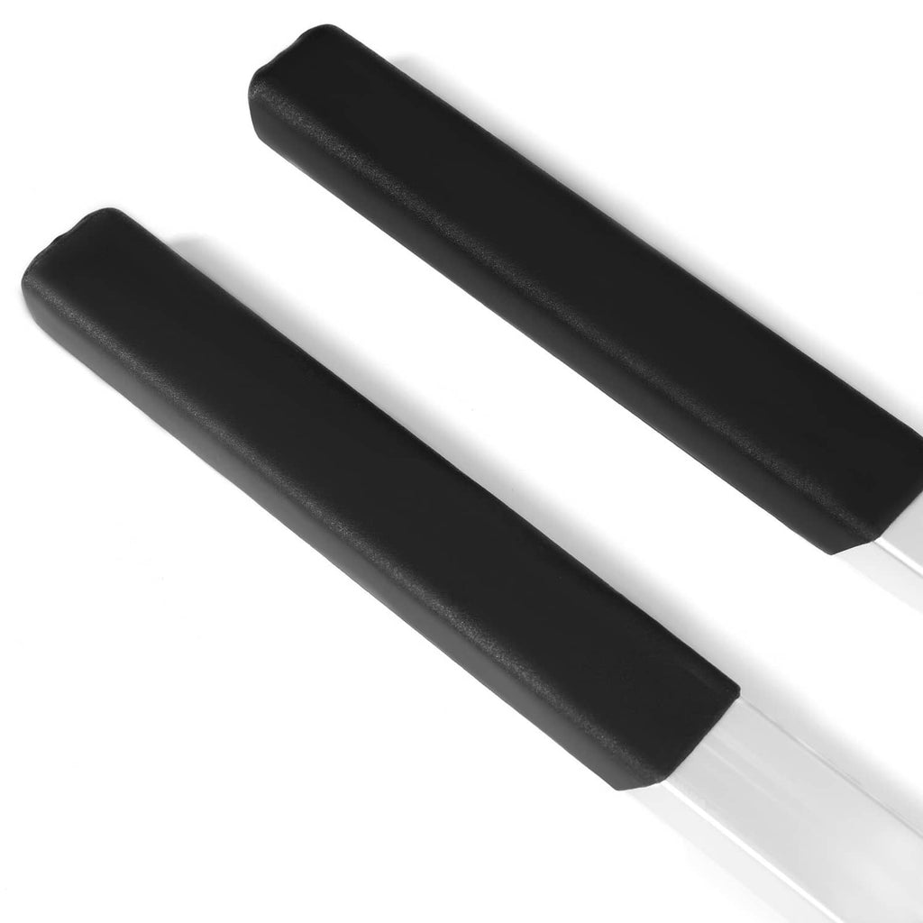 Black rubber boots on silver ski tie-down bars, two curved pieces