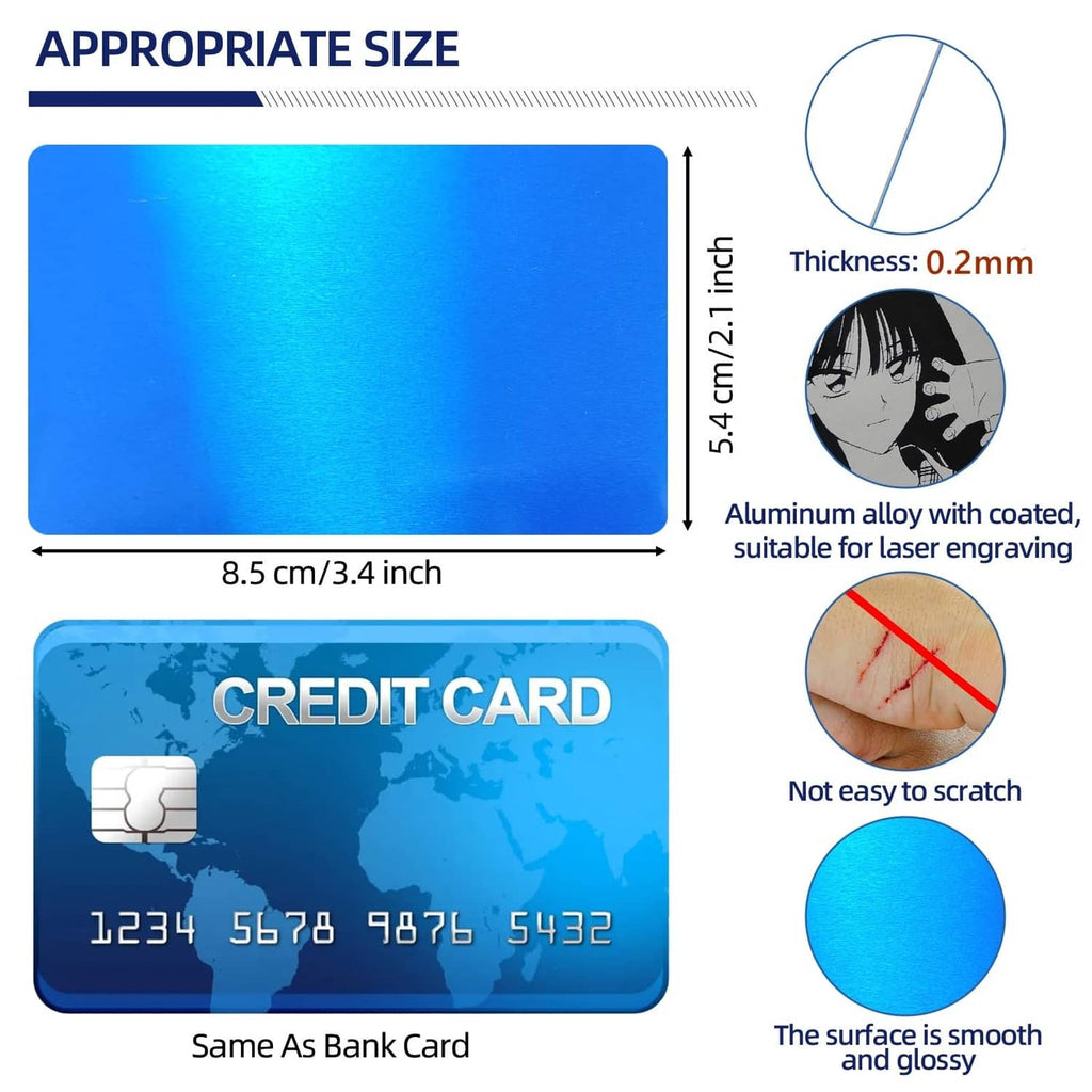 Blue glossy metal business card with size and thickness measurements shown.