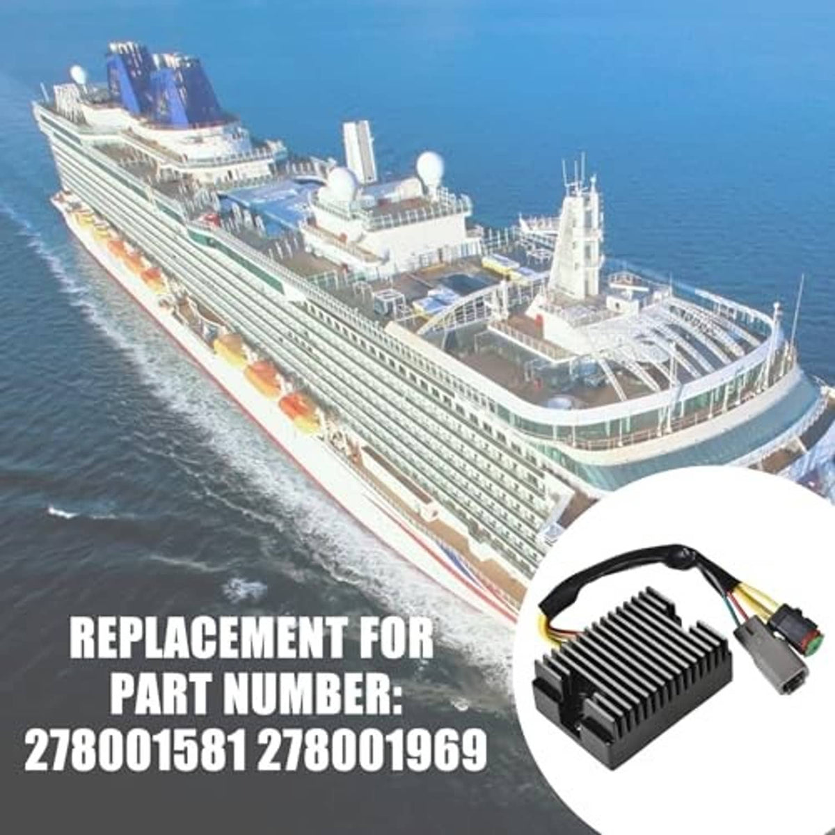 Marine rectifier voltage regulator with black finned heat sink and multi-wire plug