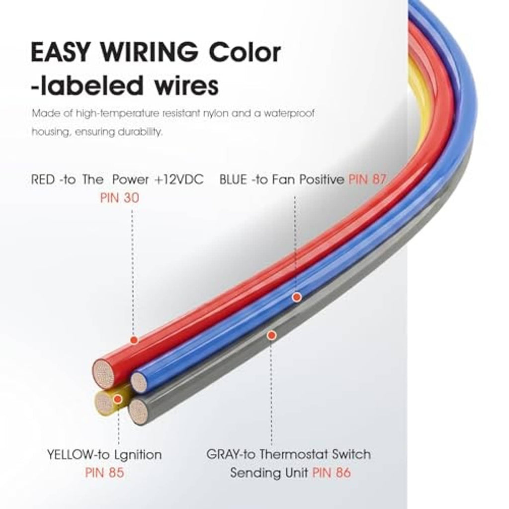 Color-coded wiring harness with red, blue, yellow, and gray leads in protective sheath