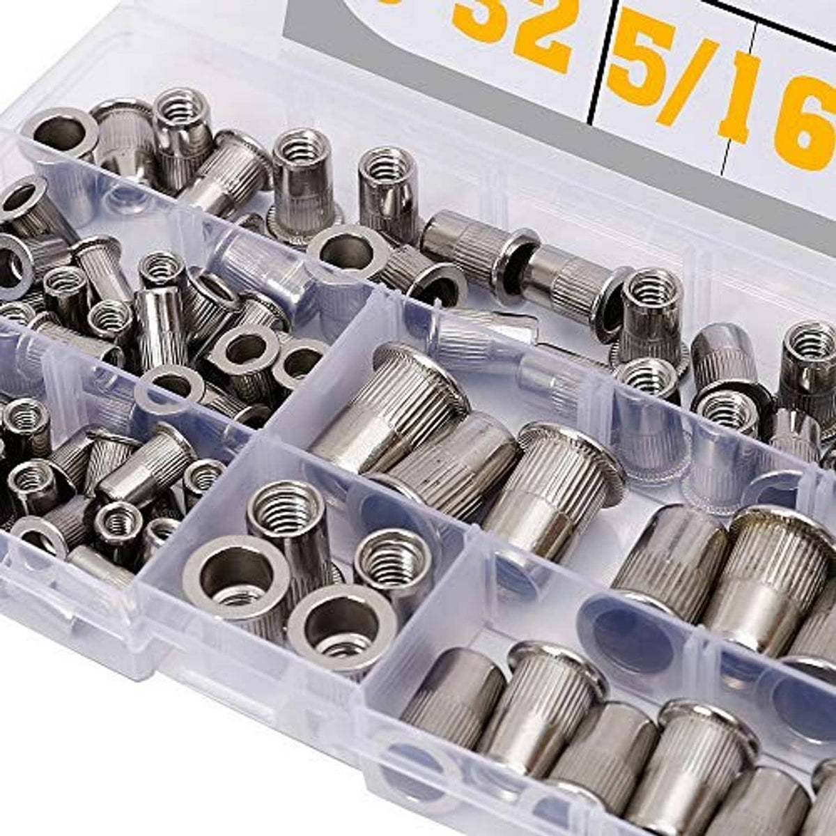 Close-up of stainless rivet nuts in clear compartment tray