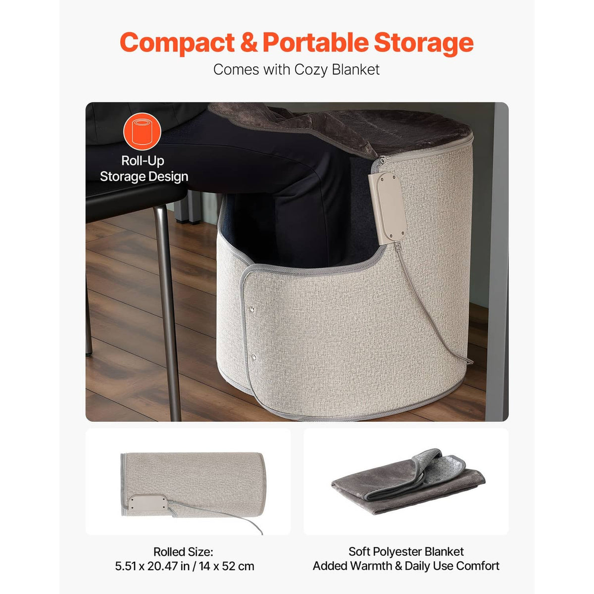 Gray roll-up under-desk heater stored with attached controller and power cord