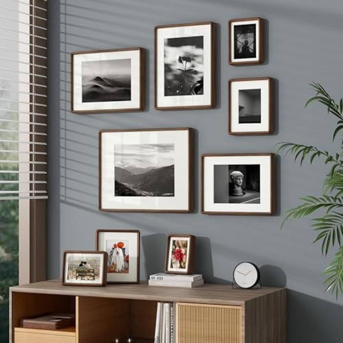 Walnut photo frames set with mixed sizes on wall display, rounded edges