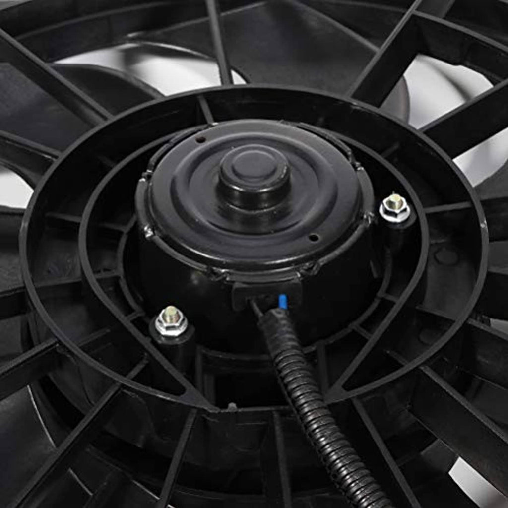 Radiator cooling fan motor hub with wiring connector on a black fan frame