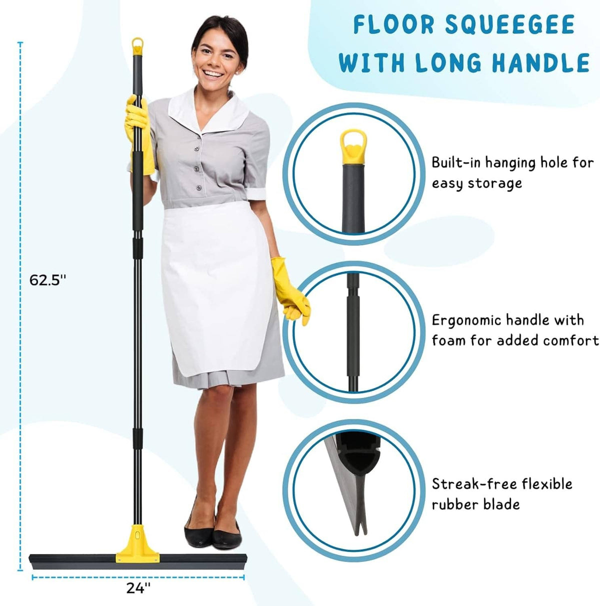 RivetOak Floor Squeegee for Concrete and Tile Cleaning, 24'' Rubber Wiper 24in, Yellow