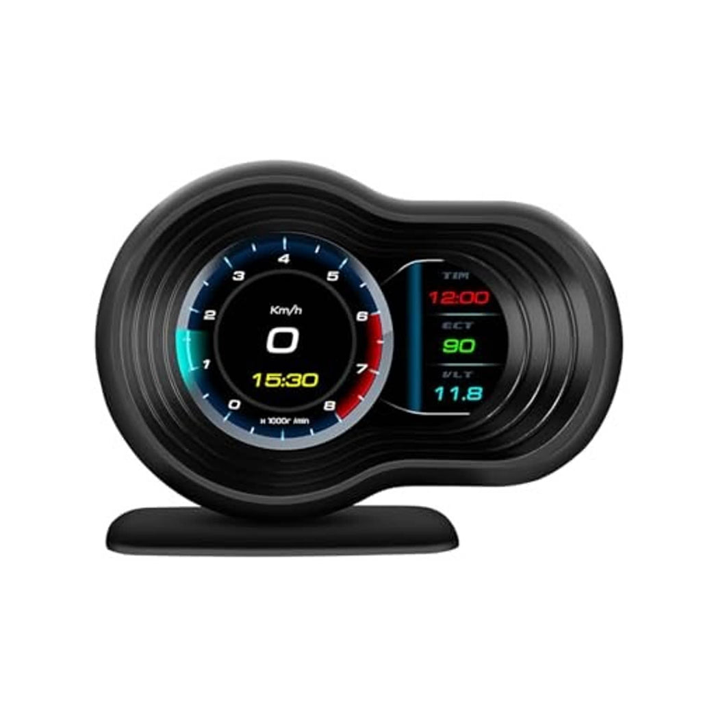 Black dual-screen OBD head-up display showing blue speed gauge and red readouts