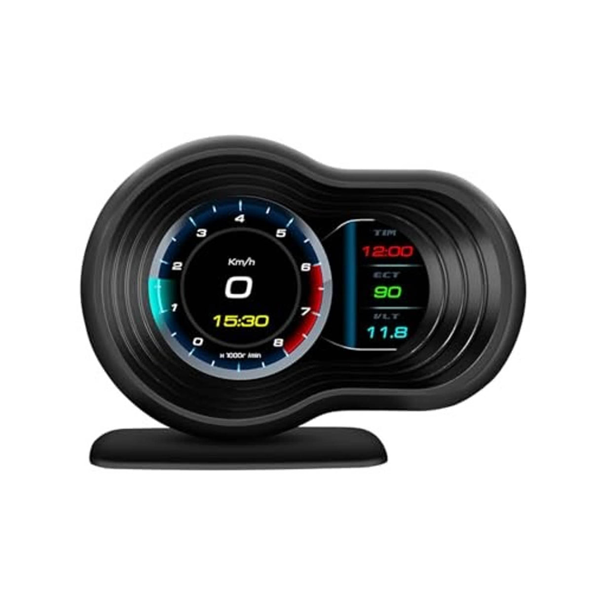 Black dual-screen OBD head-up display showing blue speed gauge and red readouts