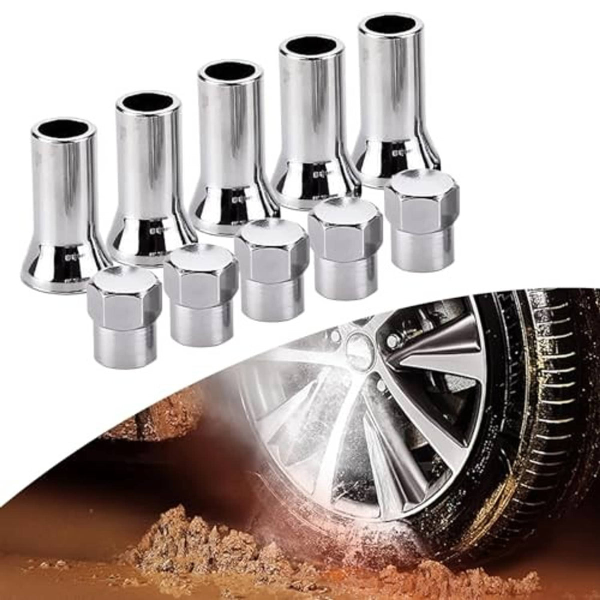 Chrome tire valve stem sleeve and cap set with hex caps, 10-pack in a row