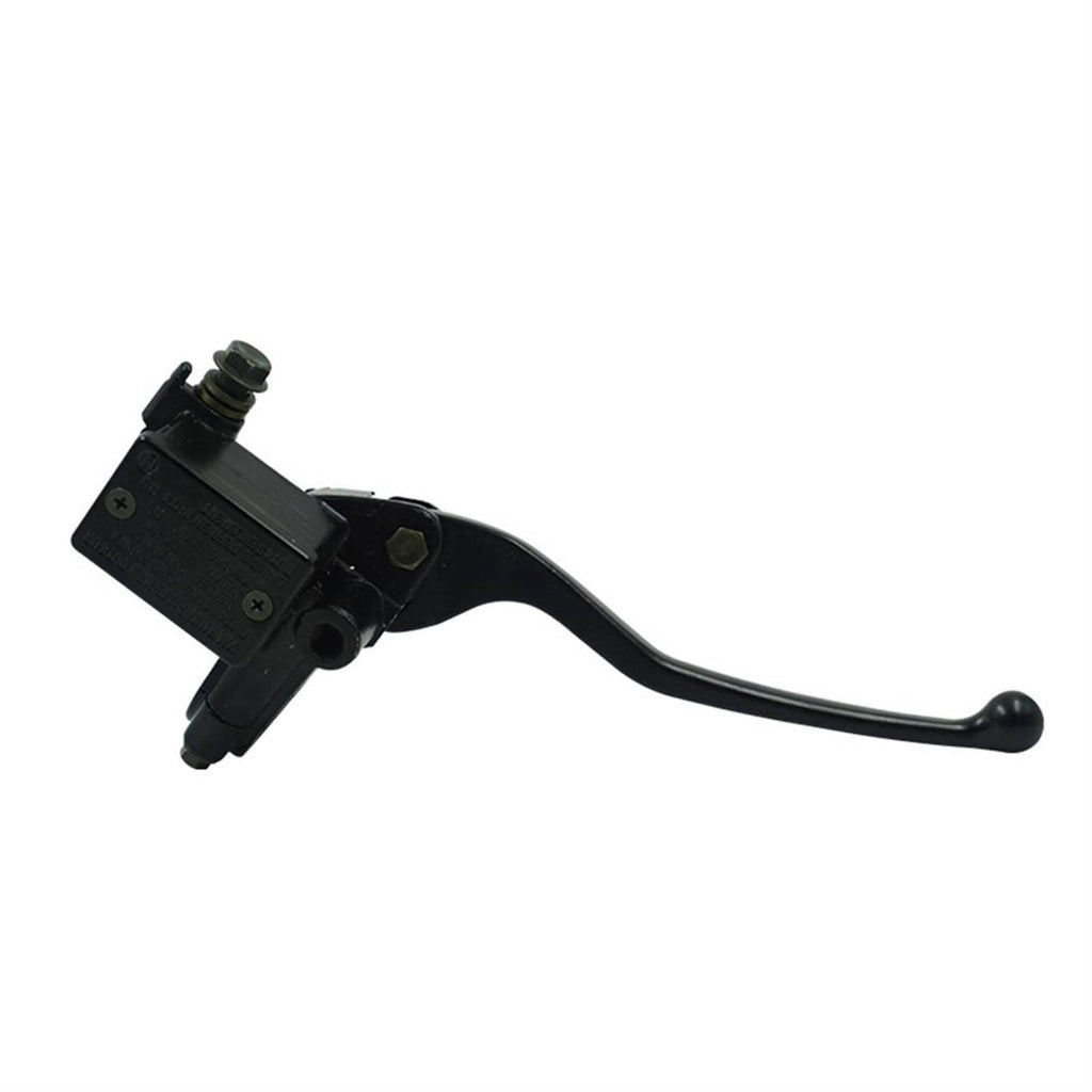 Black front brake master cylinder lever with angled mounting bracket and pivot bolt