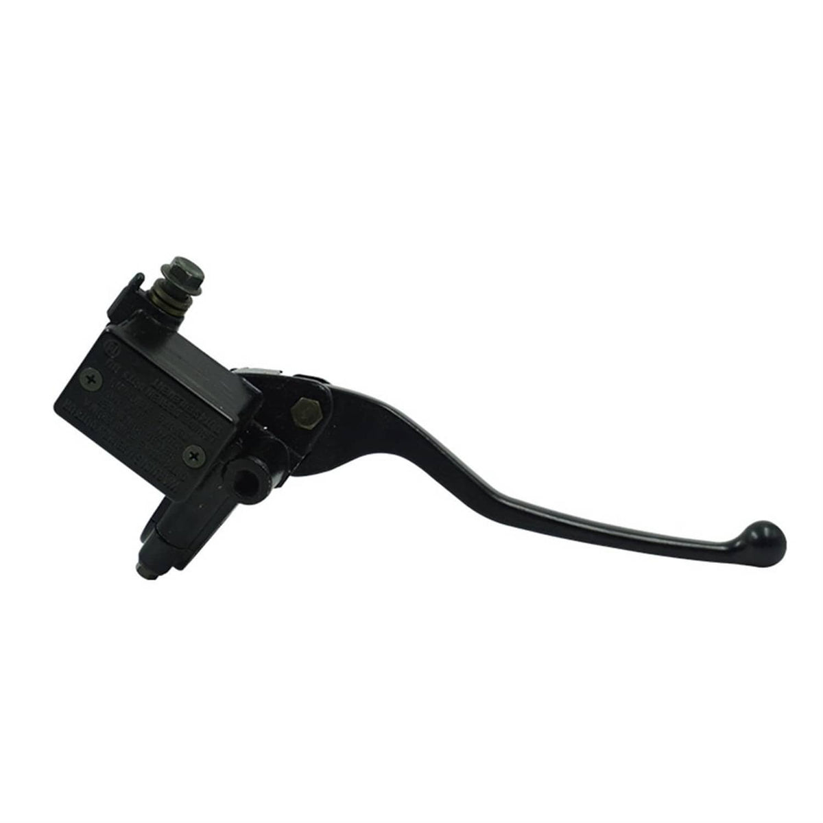 Black front brake master cylinder lever with angled mounting bracket and pivot bolt
