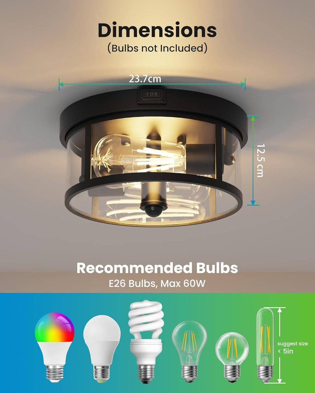 Black ceiling porch light with E26 base; size shown in inches and centimeters