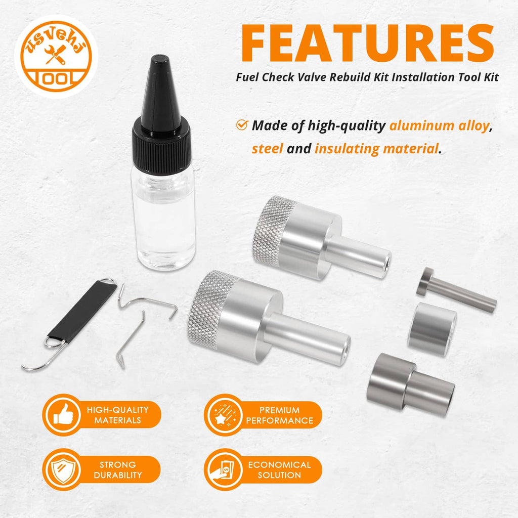 Fuel check valve rebuild installation tool kit with metal sleeves and hook retainers