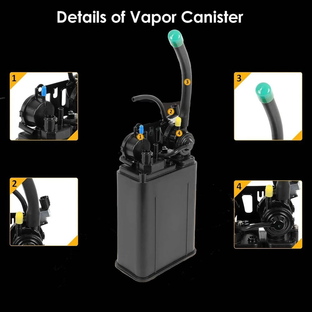 Fuel vapor charcoal canister with multiple ports and hose fittings, black housing