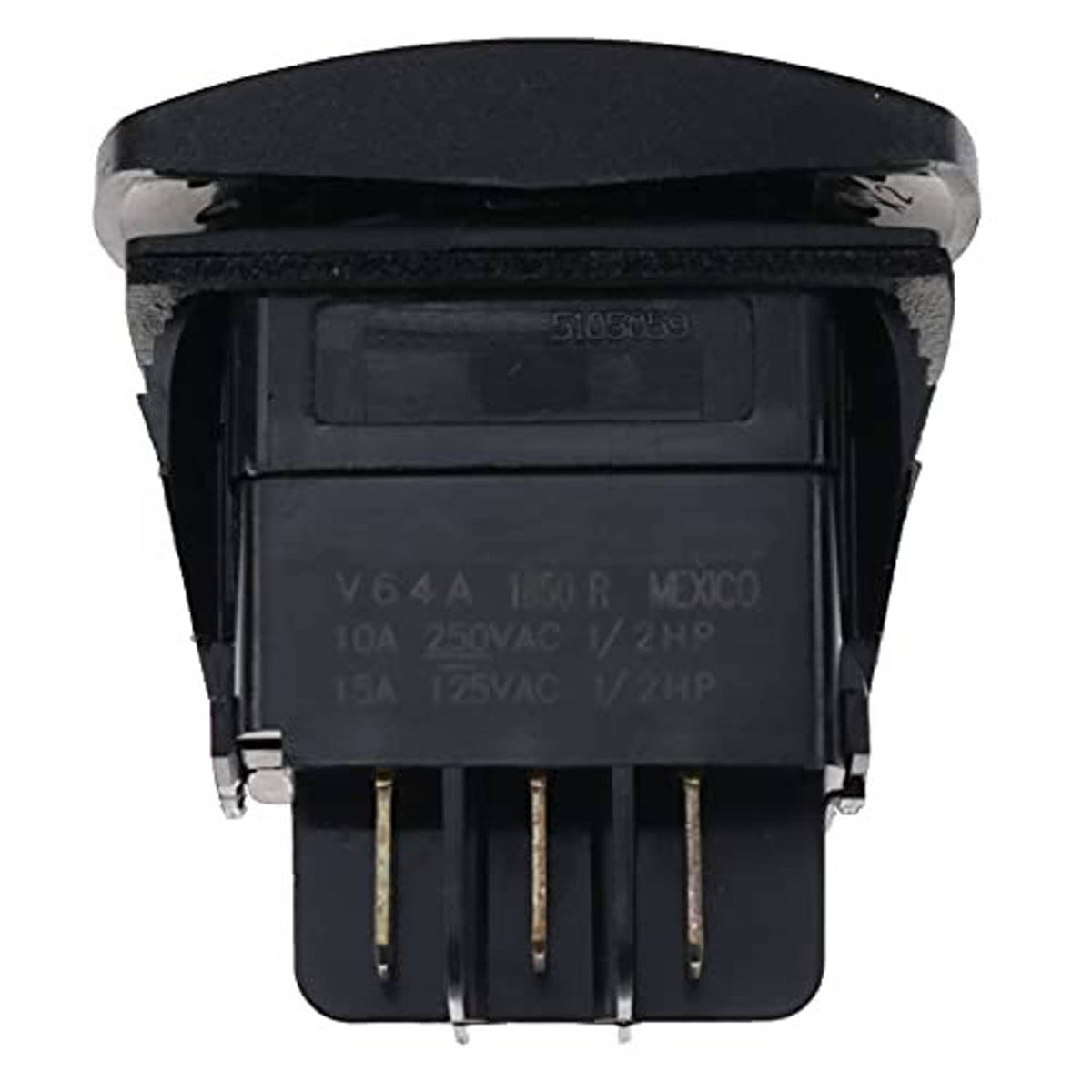 Black 48V forward/reverse rocker switch, front view with label window and pins.