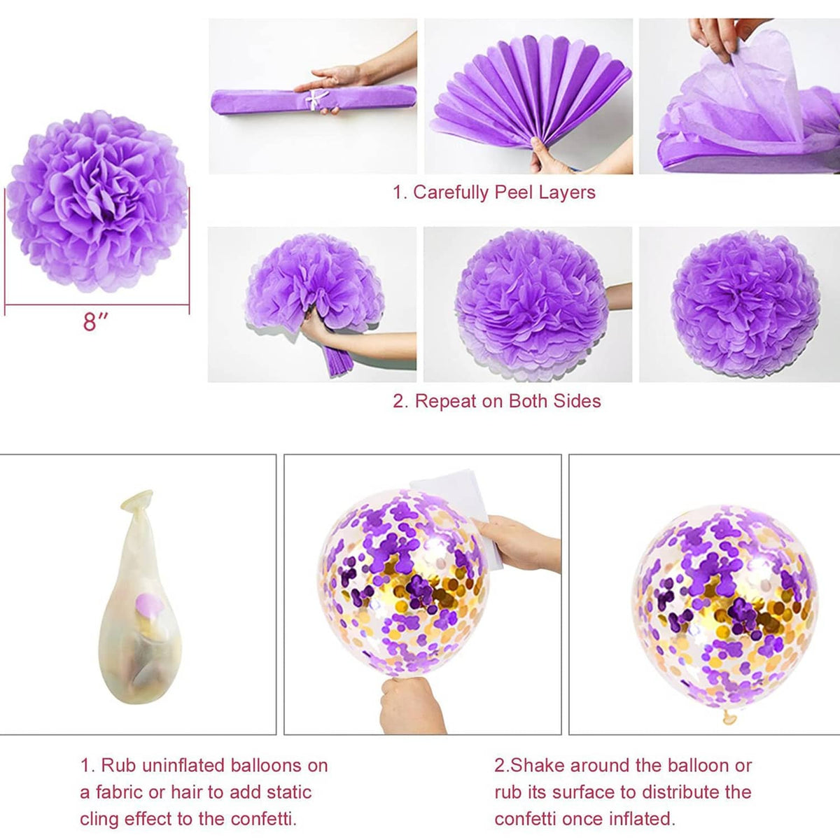 Purple tissue paper pom-pom flower set with step-by-step balloon prep and stuffing guide