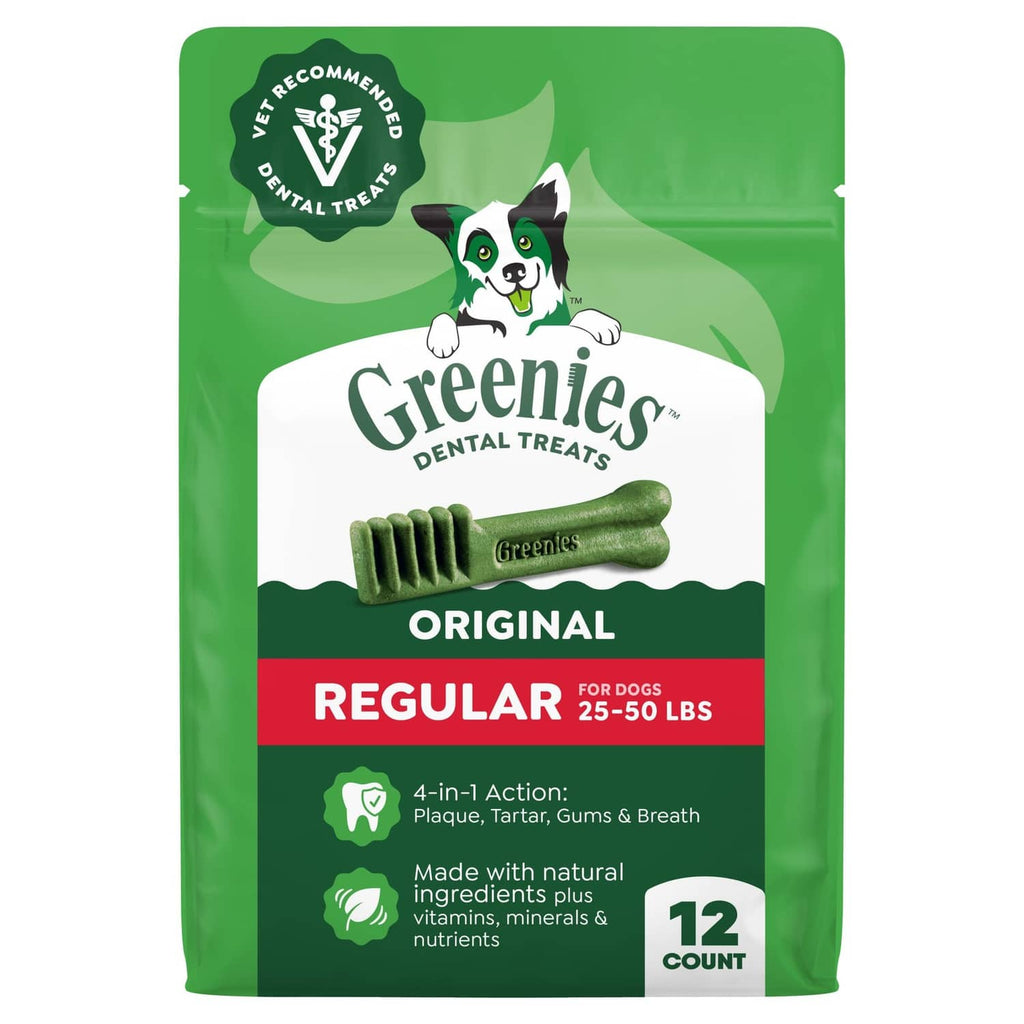 Greenies Original regular dental treat bag, 12-count pack of green chew pieces
