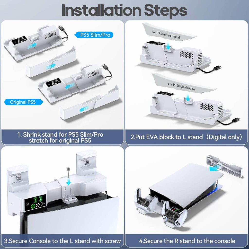 White stand installation sequence with mounting brackets and screw-secured consoles