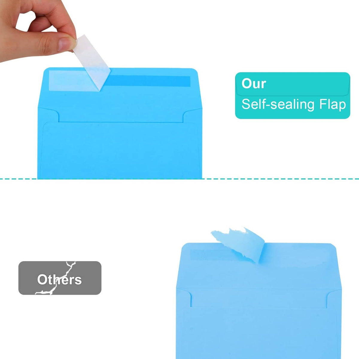 Blue A2 envelope with self-sealing flap lifted, adhesive strip visible