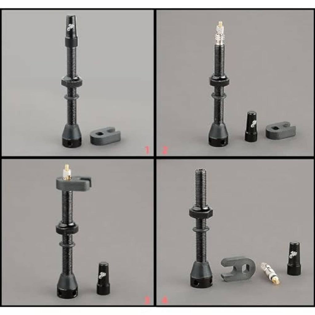 Presta bicycle valve stems kit with black stems, washers, cap, L tool